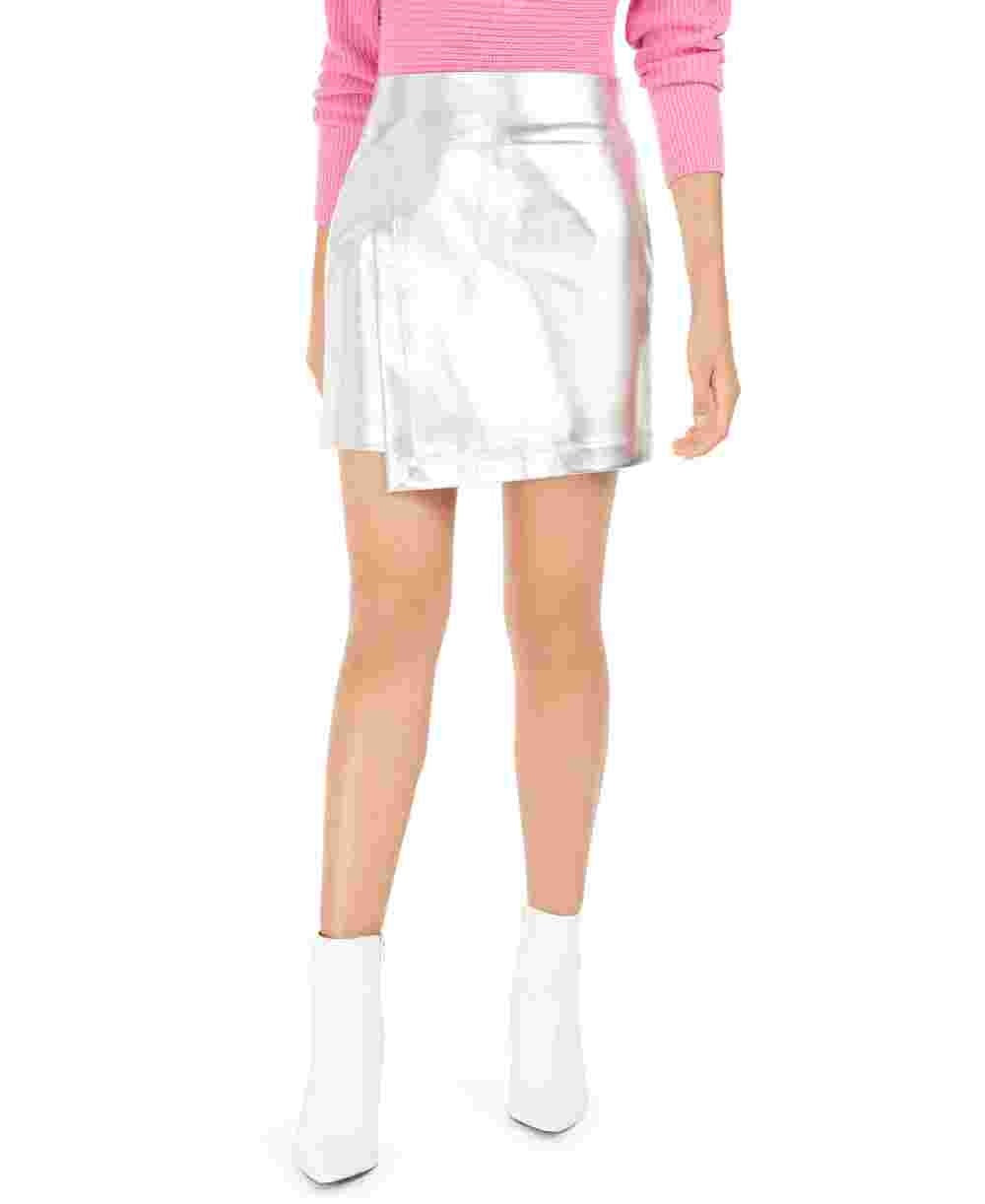 Bar III Women's Metallic Asymmetric Mini Skirt Silver Size Large