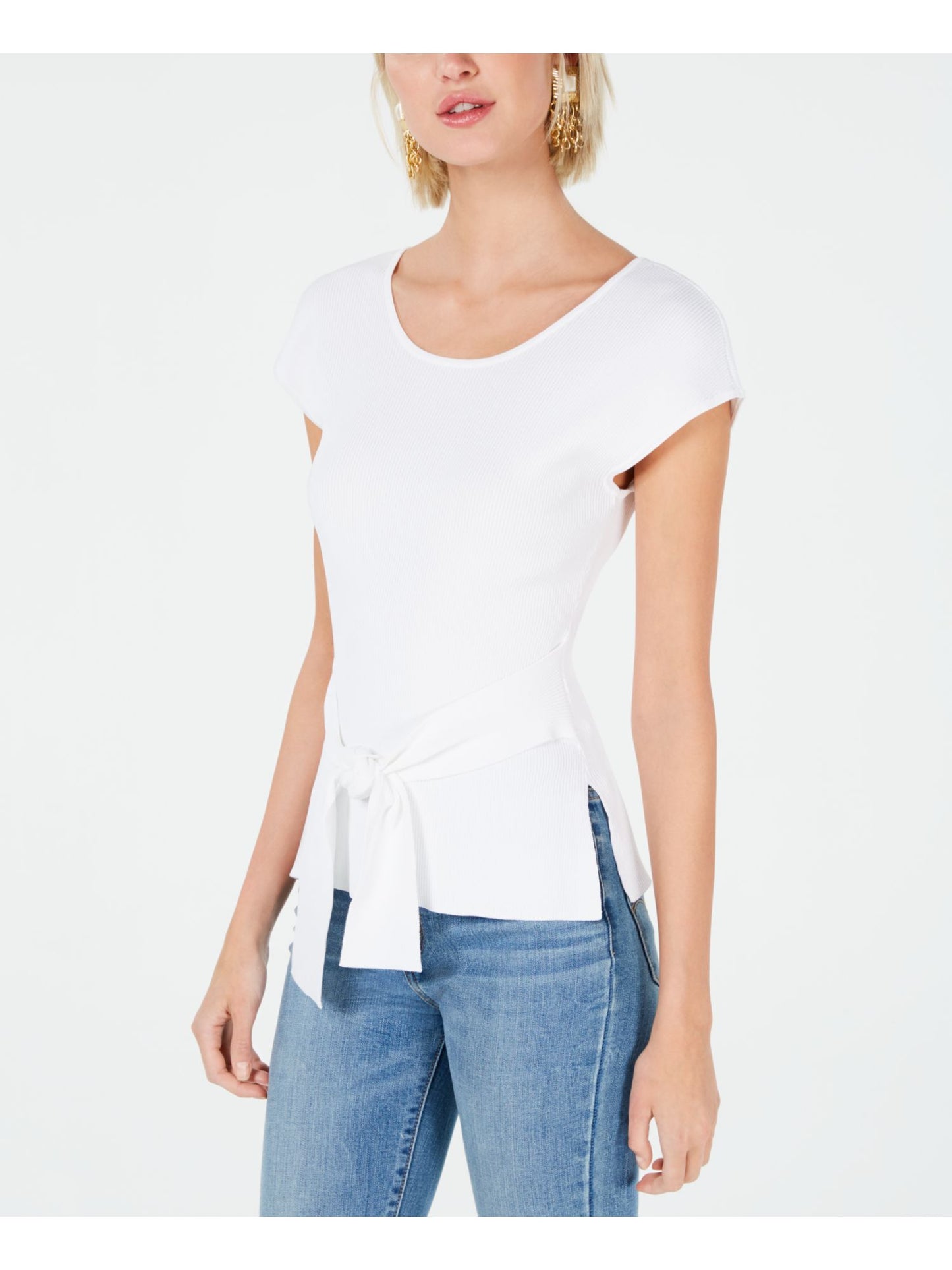 Bar III Women's Tie Waist Cap Sleeve Sweater White Size M