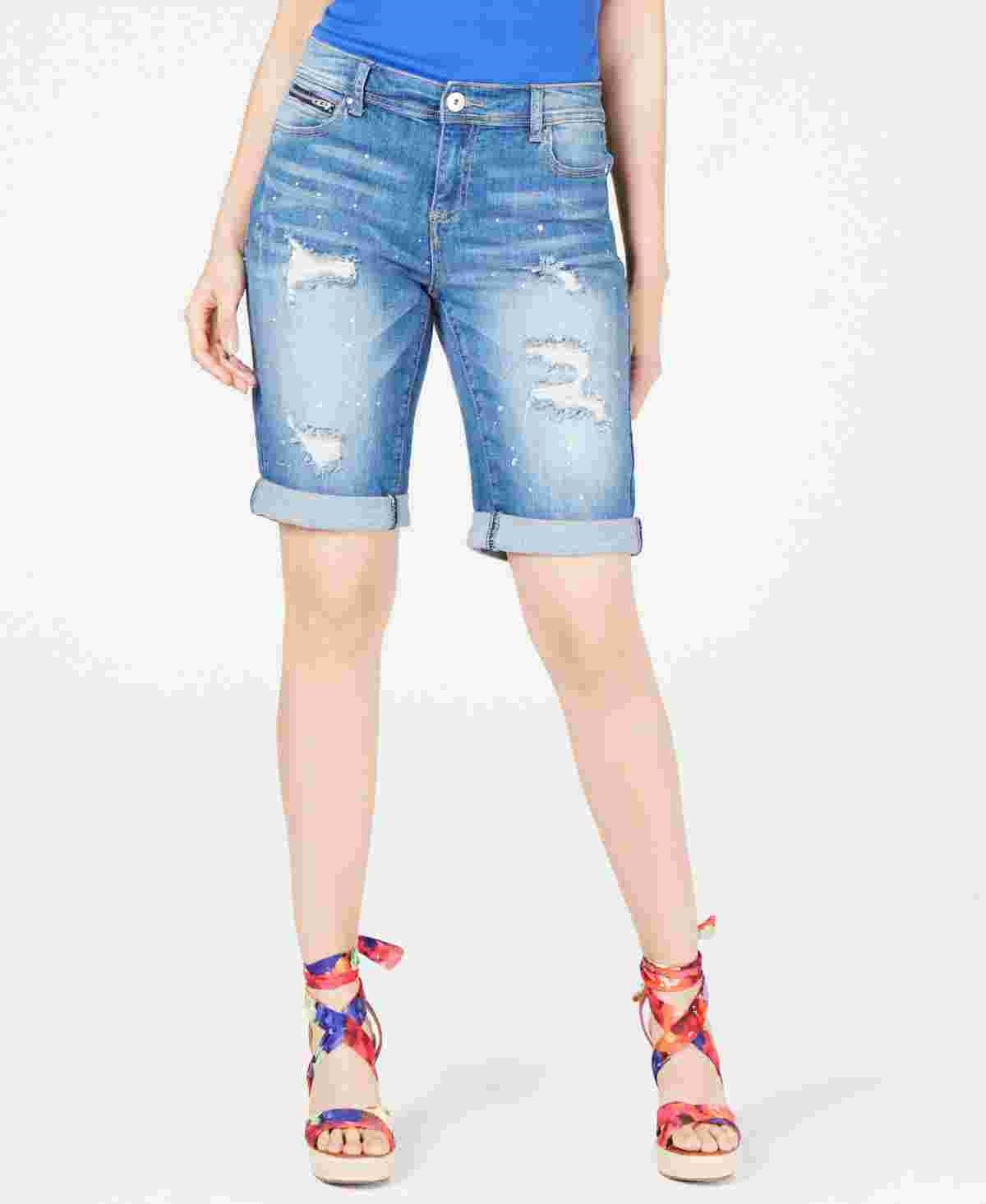 INC International Concepts Women's Curvy-Fit Ripped Bermuda Shorts Blue Size 0
