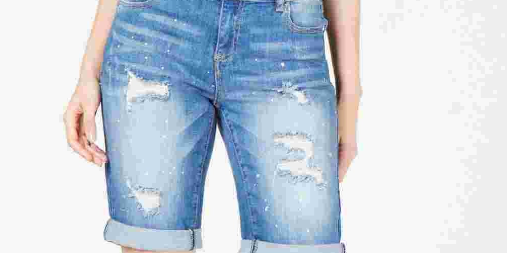 INC International Concepts Women's Curvy-Fit Ripped Bermuda Shorts Blue Size 0