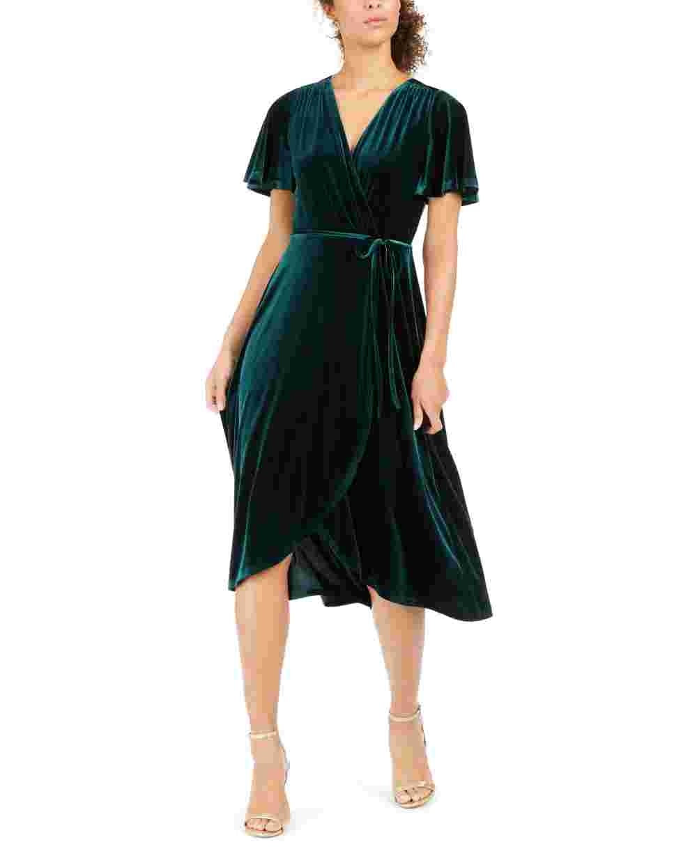 Vince Camuto Women's Velvet Faux-Wrap Dress Green Size 14