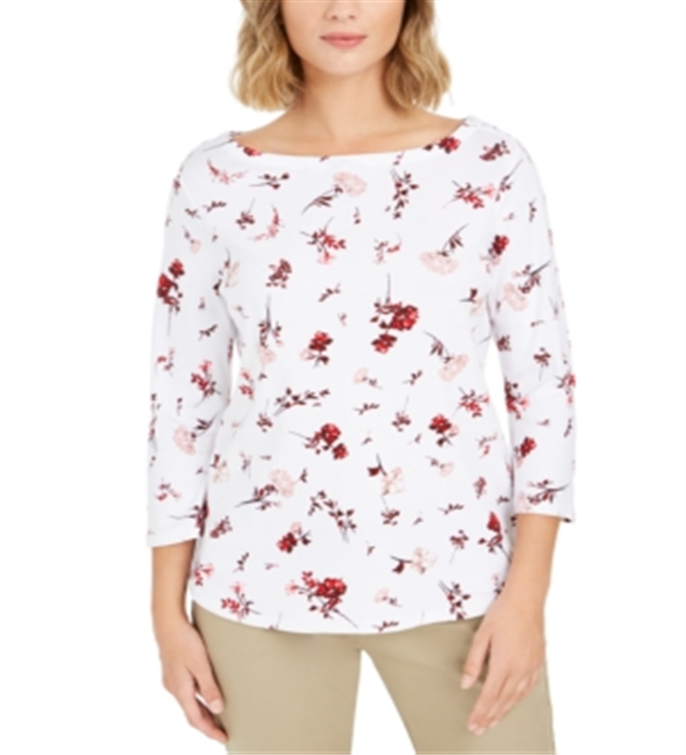 Charter Club Women's Printed Pima Cotton Top White Size Petite L