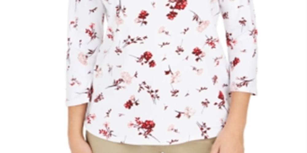 Charter Club Women's Printed Pima Cotton Top White Size Petite L