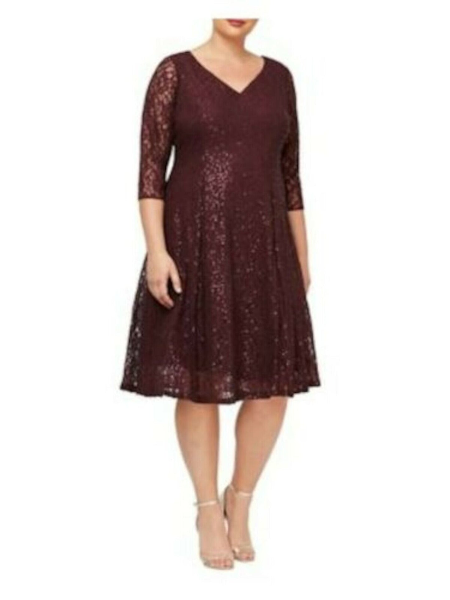SLFashions Women's Plus Sequined Lace Dress Wine Size Petite Small