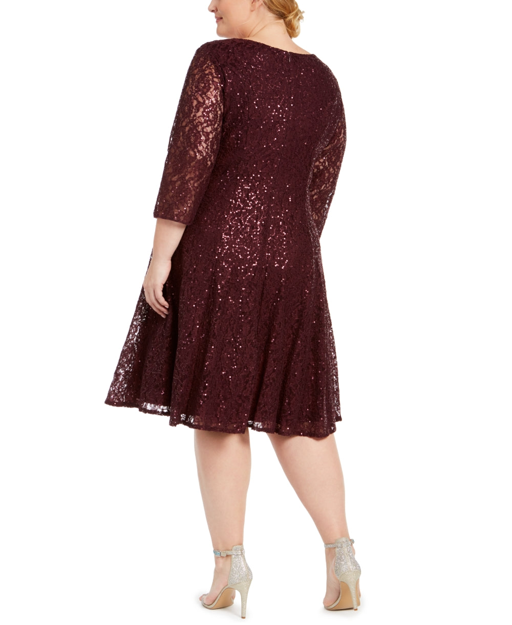 SLFashions Women's Plus Sequined Lace Dress Wine Size Petite Small