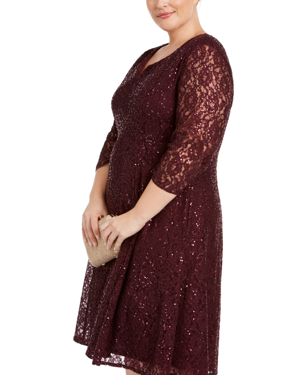 SLFashions Women's Plus Sequined Lace Dress Wine Size Petite Small