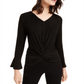 Alfani Women's Metallic Striped Knot Front Top Black Size Petite L