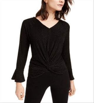 Alfani Women's Metallic Striped Knot Front Top Black Size Petite L