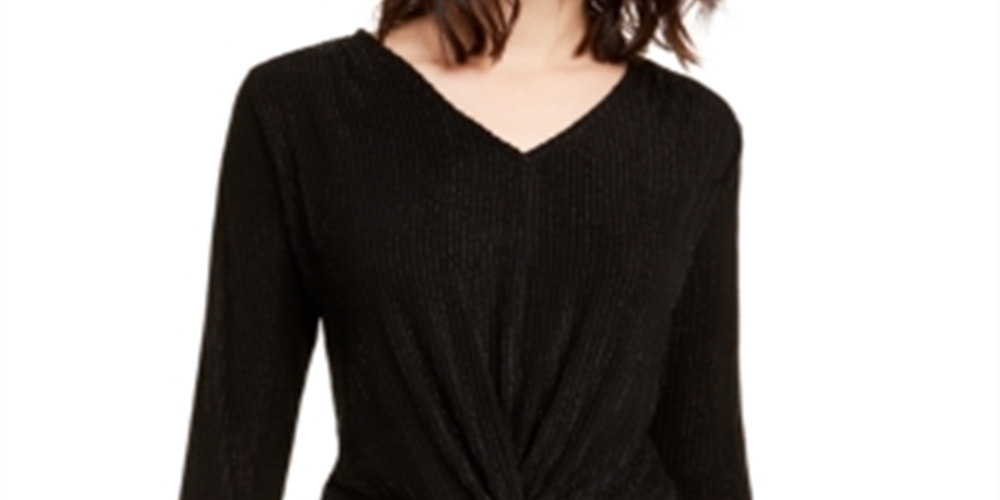 Alfani Women's Metallic Striped Knot Front Top Black Size Petite L