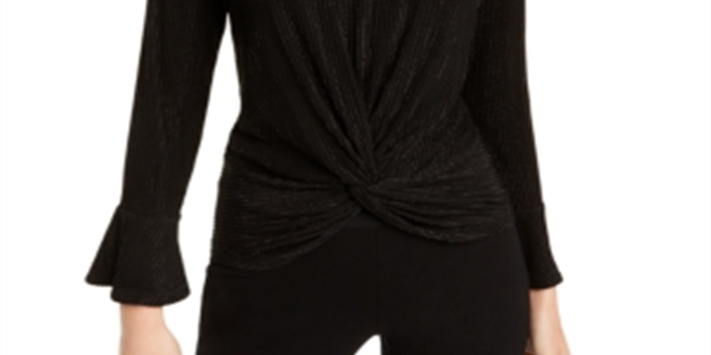 Alfani Women's Metallic Striped Knot Front Top Black Size Petite L