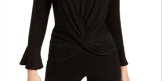 Alfani Women's Metallic Striped Knot Front Top Black Size Petite L