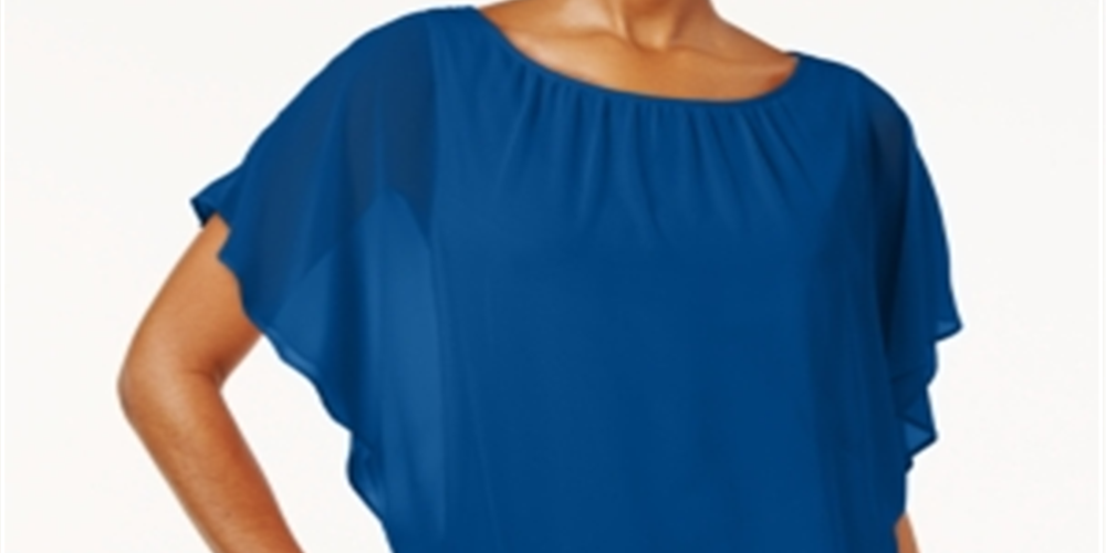 JM Collection Women's Flutter Sleeve Banded Hem Blouson Top Blue Size Petite Small