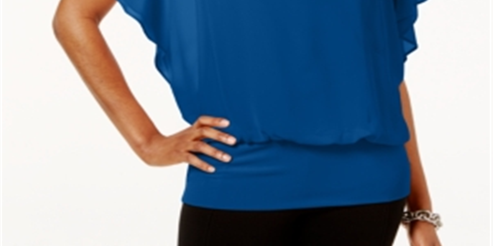 JM Collection Women's Flutter Sleeve Banded Hem Blouson Top Blue Size Petite Small