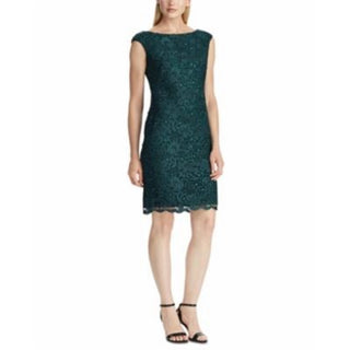 Ralph Lauren Women's Embroidered Sleeveless Jewel Neck Above The Knee Sheath Formal Dress   Green Size 4