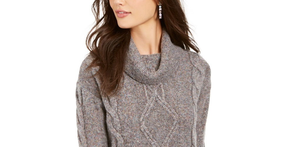 Charter Club Women's Cowl-Neck Cable-Knit Glitter Sweater Gray Size XX-Large