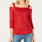 INC International Concepts Women's Sequin Cold Shoulder Top Red Size Petite L