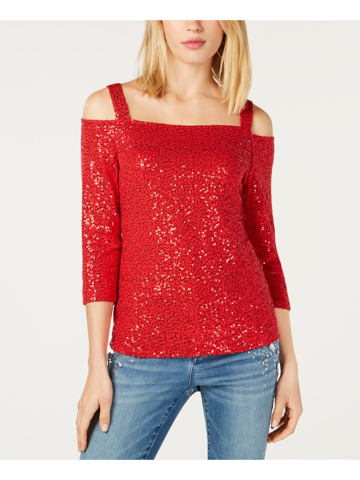 INC International Concepts Women's Sequin Cold Shoulder Top Red Size Petite L