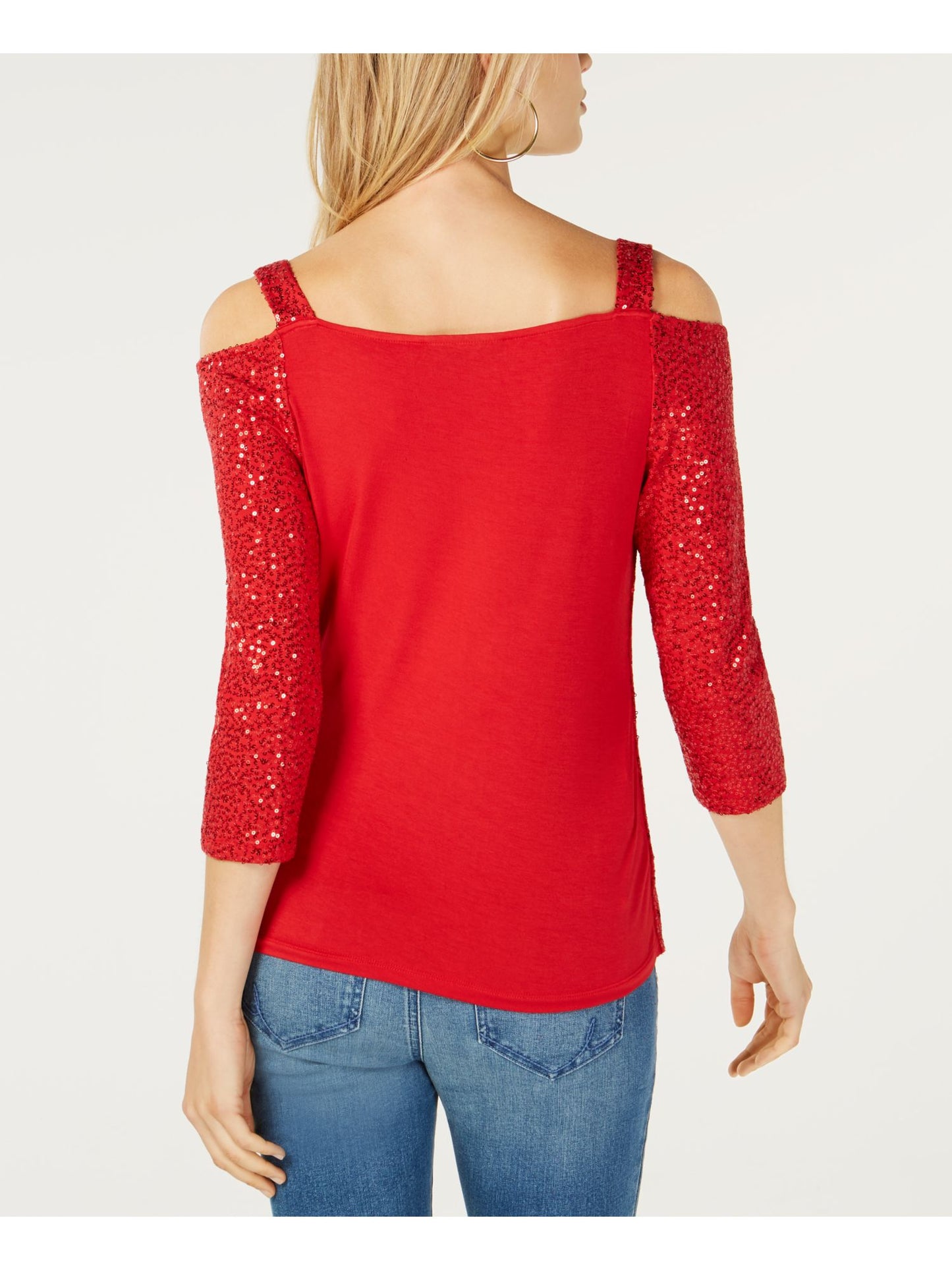 INC International Concepts Women's Sequin Cold Shoulder Top Red Size Petite L