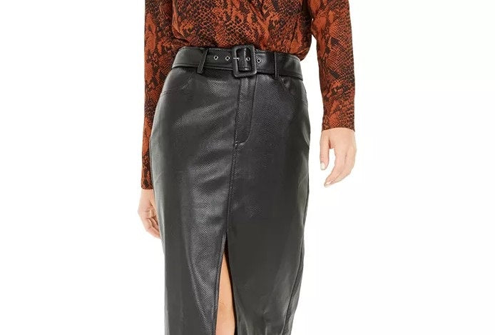 Bar III Women's Becca Tilley x Faux Leather Belted Slit Skirt Black Size X-Small