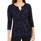 JM Collection Women's Flocked Velvet Jacquard Top Navy Size Small