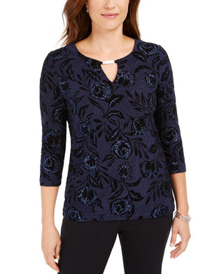 JM Collection Women's Flocked Velvet Jacquard Top Navy Size Small