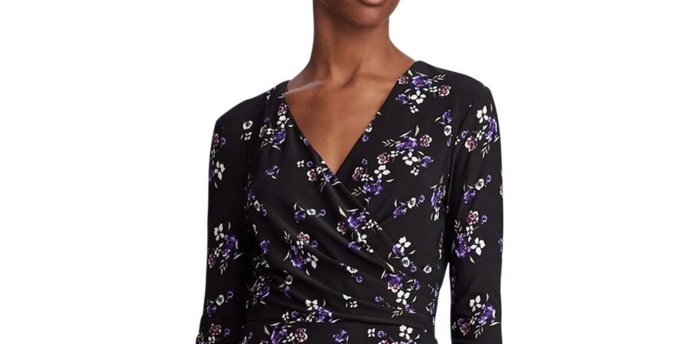 Ralph Lauren Women's Floral Long Sleeve V Neck Knee Length Wrap Dress Dress Black Size 4
