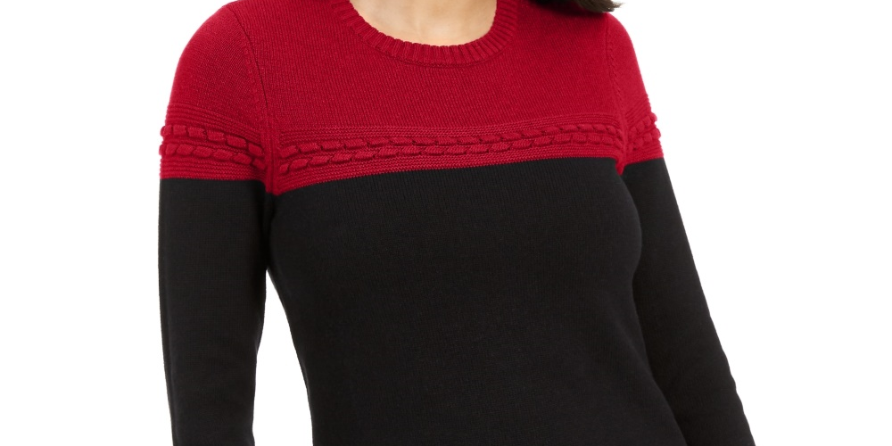 Charter Club Women's Colorblocked Button Trim Sweater Red Size Petite Medium