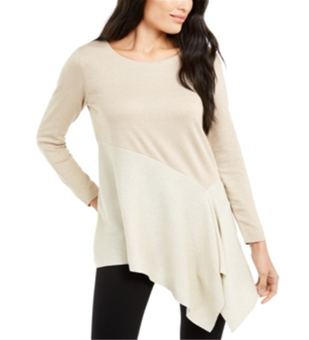 Alfani Women's Colorblocked Asymmetrical Sweater Cocoa Butter Size Petite XL