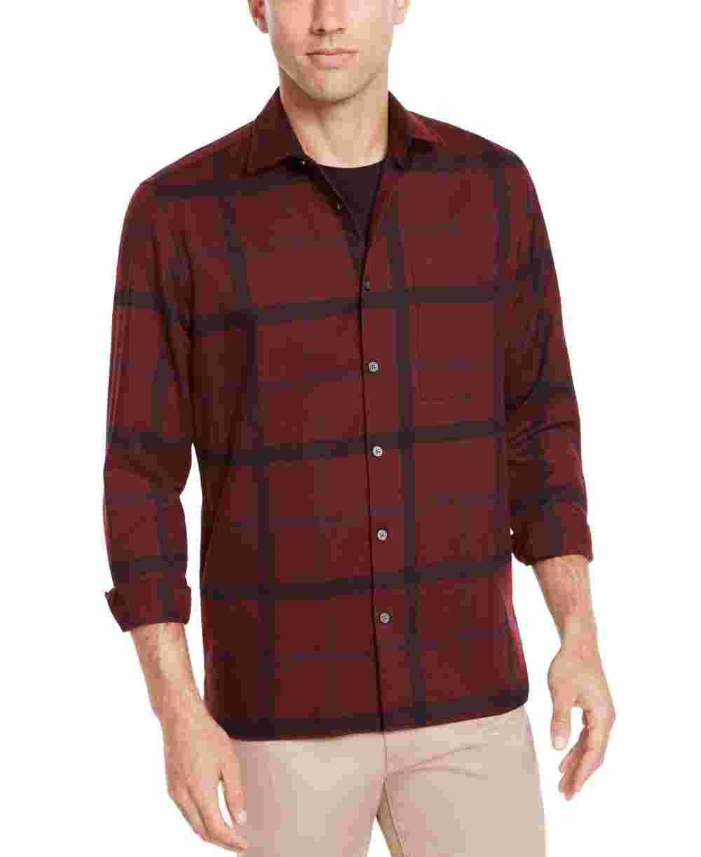 Alfani Men's Burgundy Check Long Sleeve Classic Fit Button Down Casual Red Size Medium
