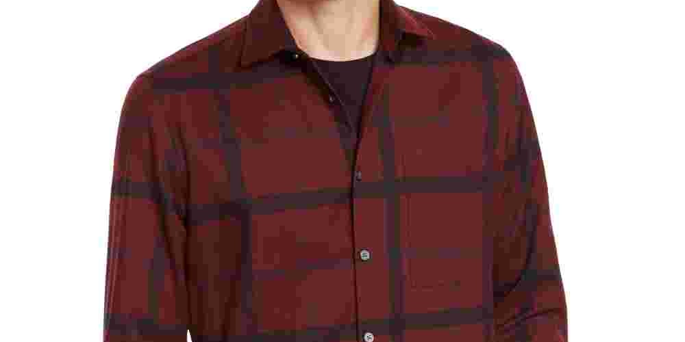 Alfani Men's Burgundy Check Long Sleeve Classic Fit Button Down Casual Red Size Medium