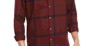 Alfani Men's Burgundy Check Long Sleeve Classic Fit Button Down Casual Red Size Medium