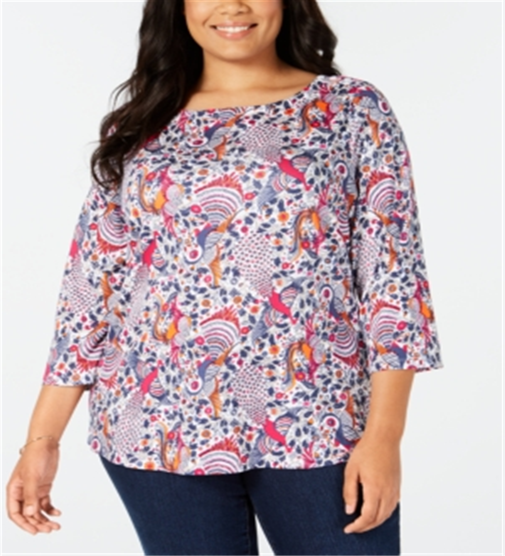 Charter Club Women's Plus Cotton Printed 3/4 Sleeve Top Green Multi Size 3X