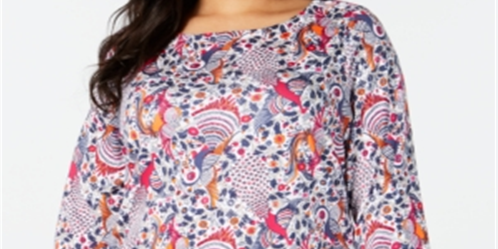 Charter Club Women's Plus Cotton Printed 3/4 Sleeve Top Green Multi Size 3X