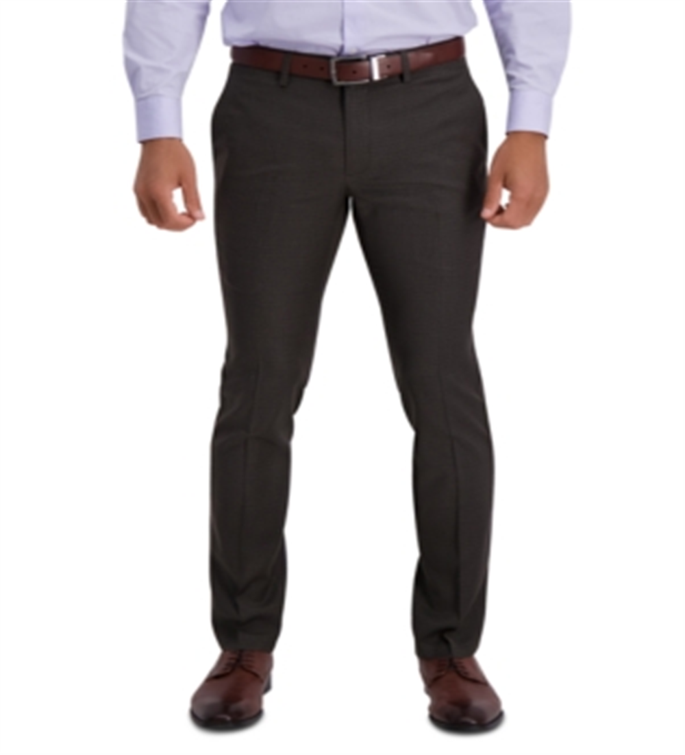 Reaction Kenneth Cole Men's Stretch Micro Houndstooth Skinny Fit Flex Waistband Flat Front Dress Pant Brown Size 29X30