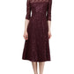SLNY Women's Sequined Lace 3/4 Sleeve Jewel Neck Below the Knee Cocktail Dress Wine Size 6