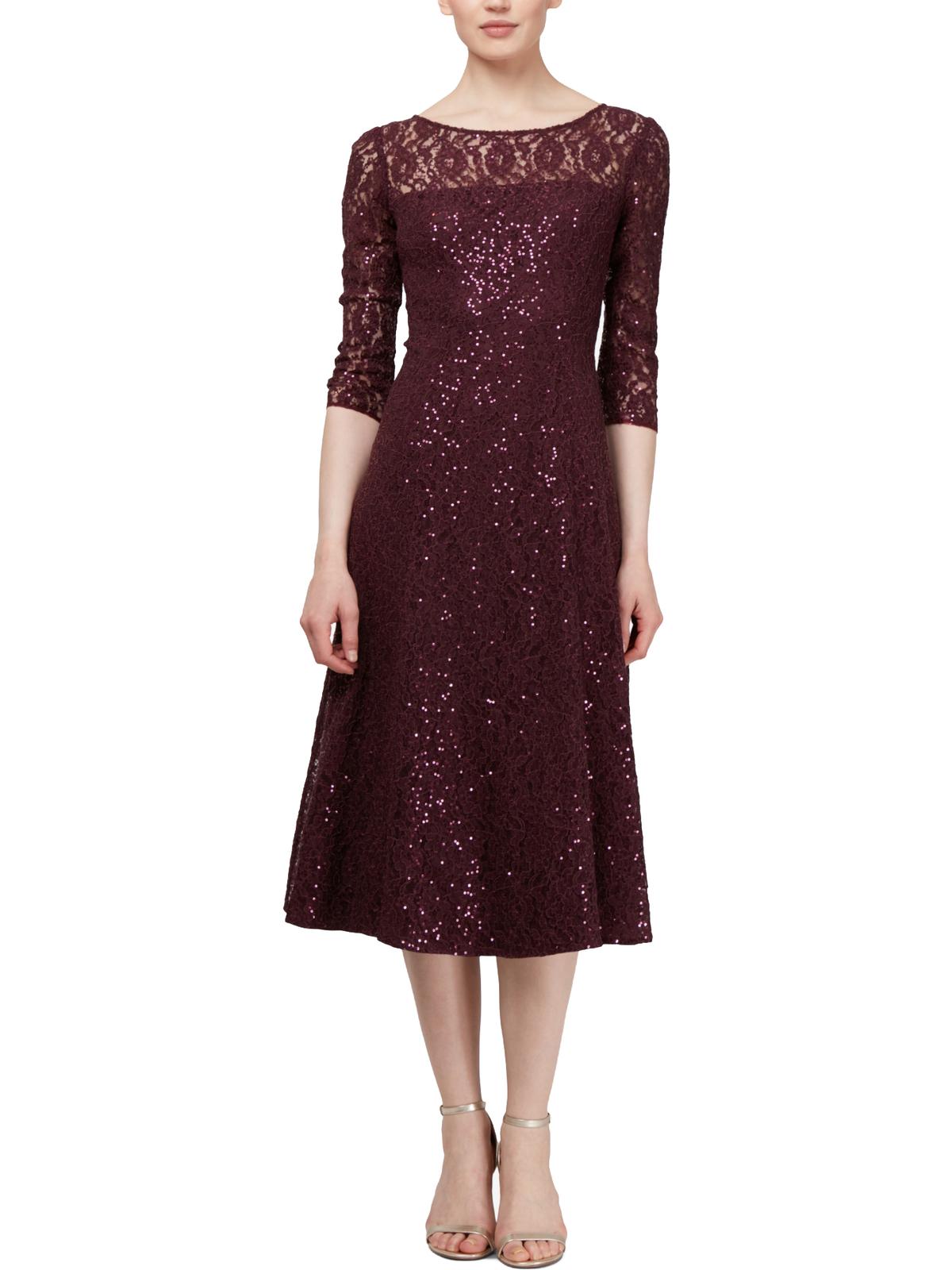SLNY Women's Sequined Lace 3/4 Sleeve Jewel Neck Below the Knee Cocktail Dress Wine Size 6