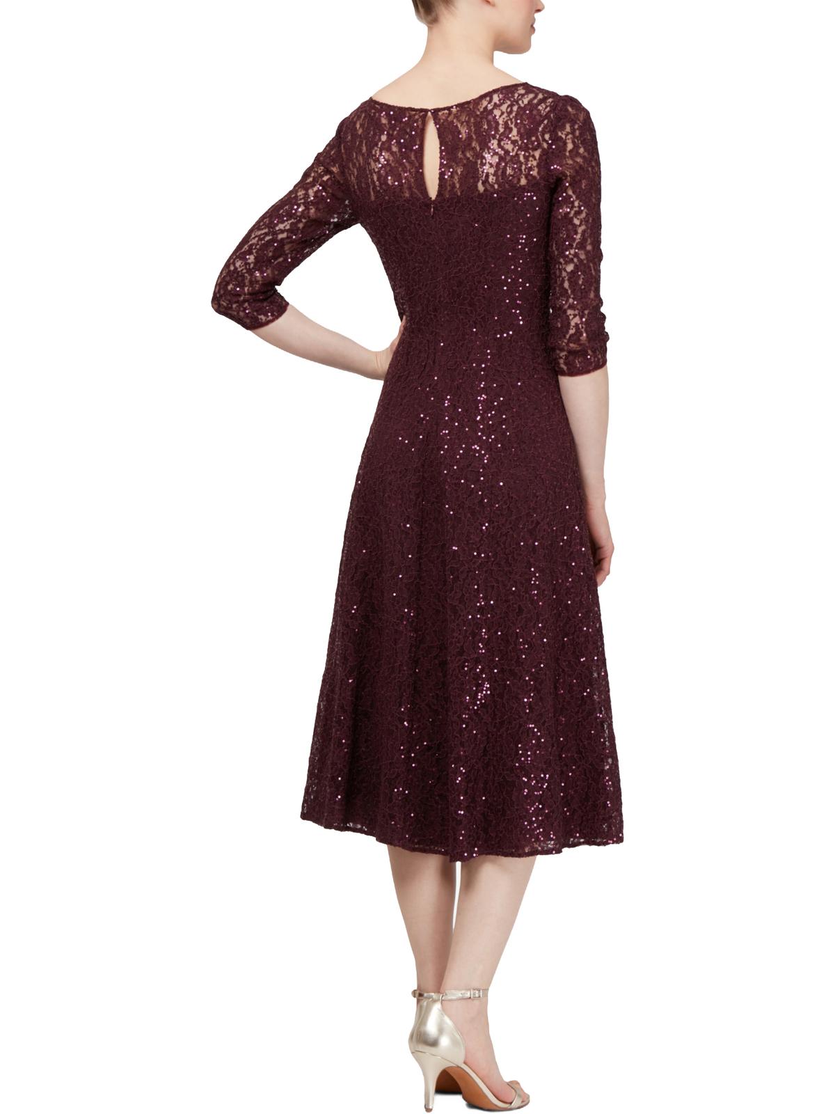 SLNY Women's Sequined Lace 3/4 Sleeve Jewel Neck Below the Knee Cocktail Dress Wine Size 6
