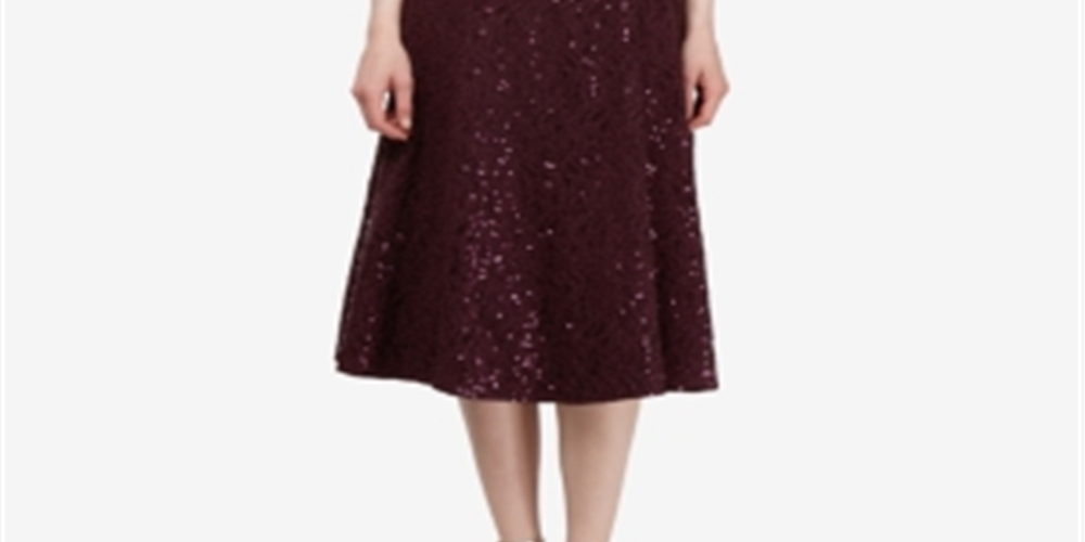 SLNY Women's Sequined Lace 3/4 Sleeve Jewel Neck Below the Knee Cocktail Dress Wine Size 6