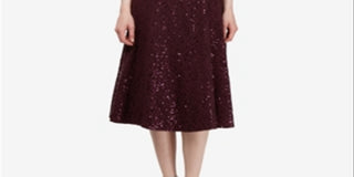 SLNY Women's Sequined Lace 3/4 Sleeve Jewel Neck Below the Knee Cocktail Dress Wine Size 6