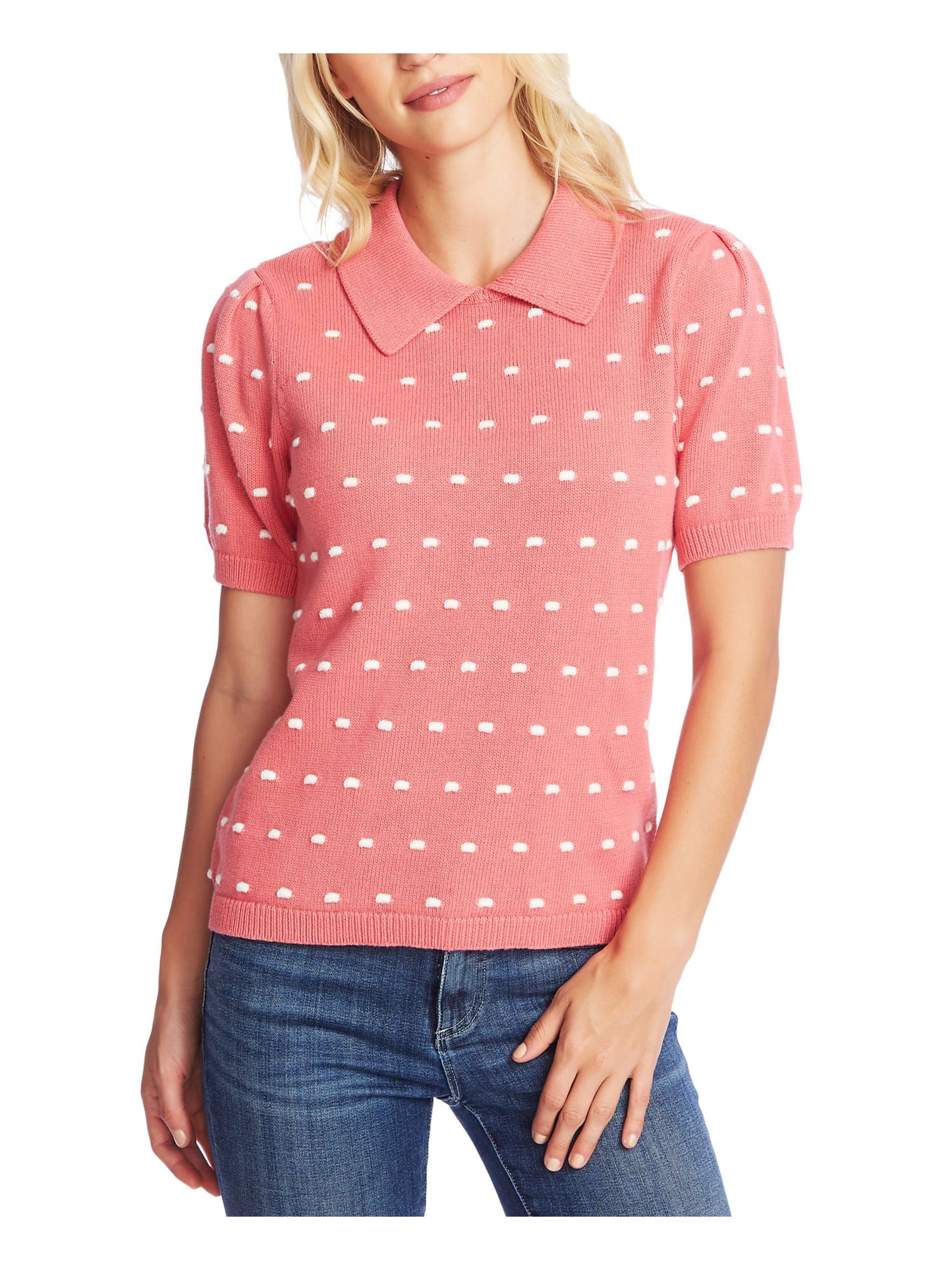CeCe Women's Coral Polka Dot Short Sleeve Peter Pan Collar T-Shirt Top Pink Size M