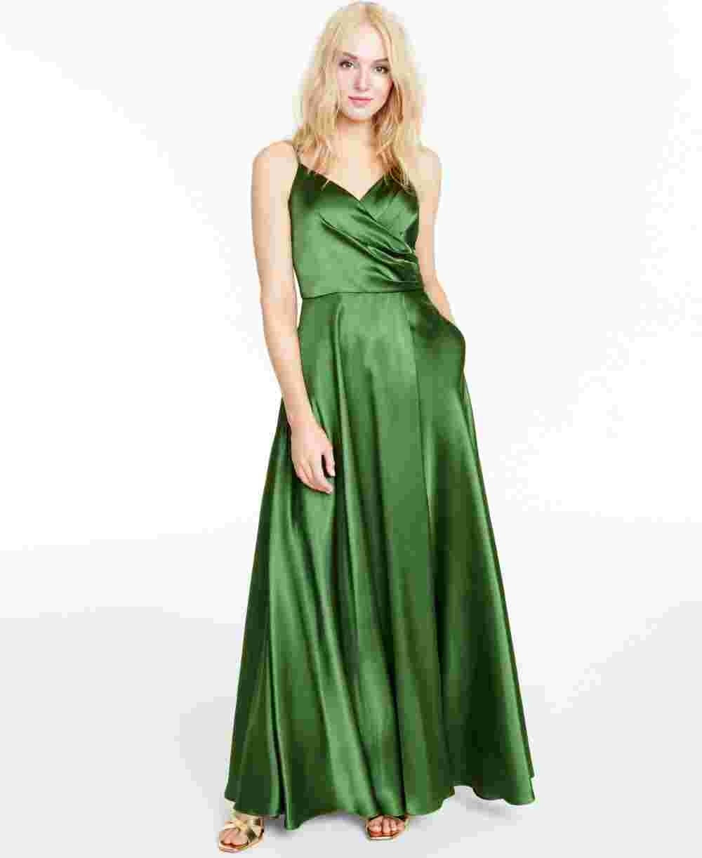 Morgan & Co Women's Pleated Surplice Satin Gown Green Size 3