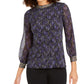 Alfani Women's Printed Embellished Neck Top Black Size PM
