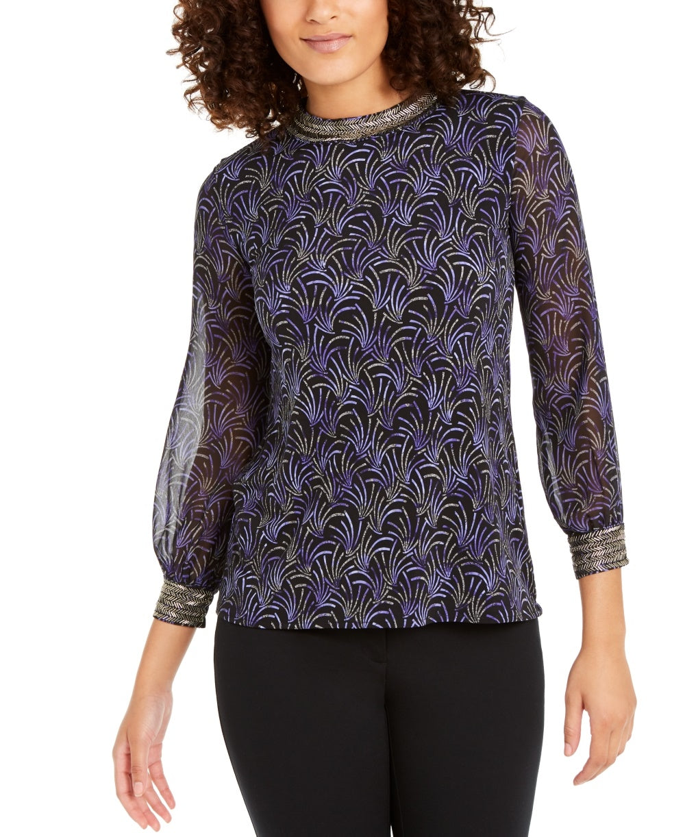 Alfani Women's Printed Embellished Neck Top Black Size PM