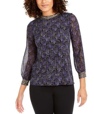 Alfani Women's Printed Embellished Neck Top Black Size PM