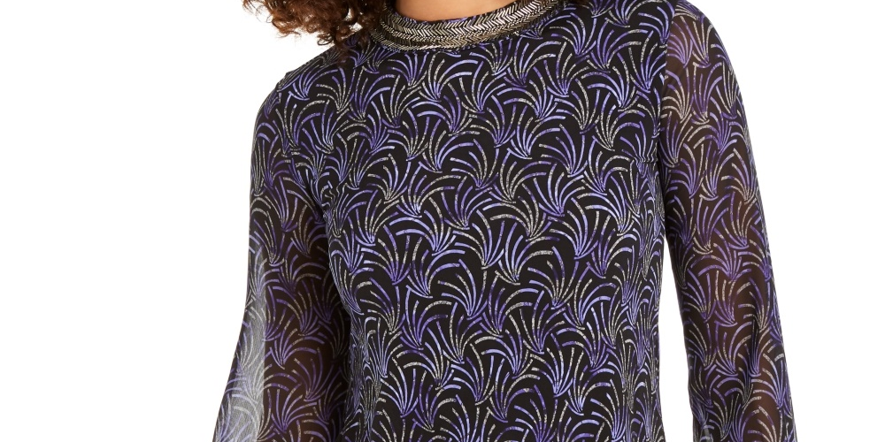 Alfani Women's Printed Embellished Neck Top Black Size PM