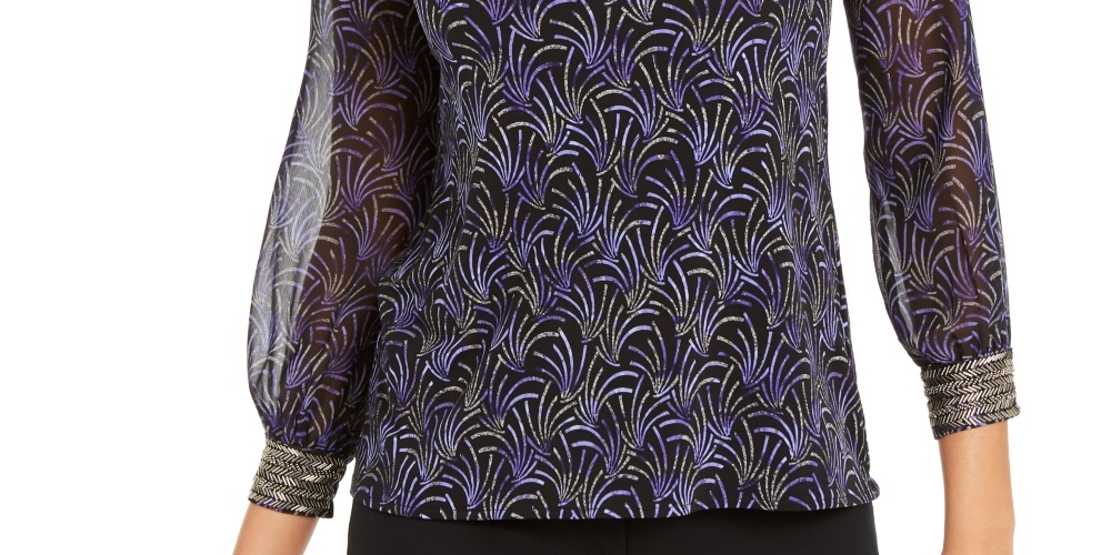 Alfani Women's Printed Embellished Neck Top Black Size PM