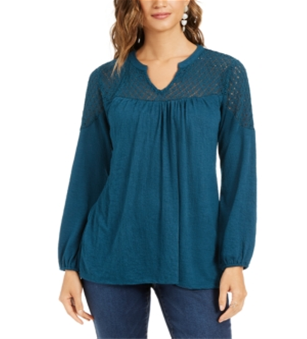 Style & Co Women's Lace Shoulder Top Green Size Petite L