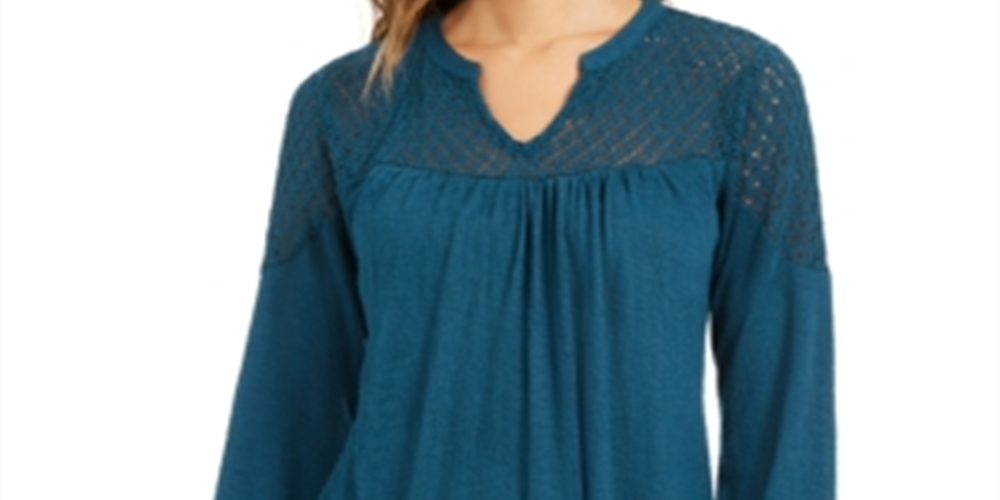 Style & Co Women's Lace Shoulder Top Green Size Petite L