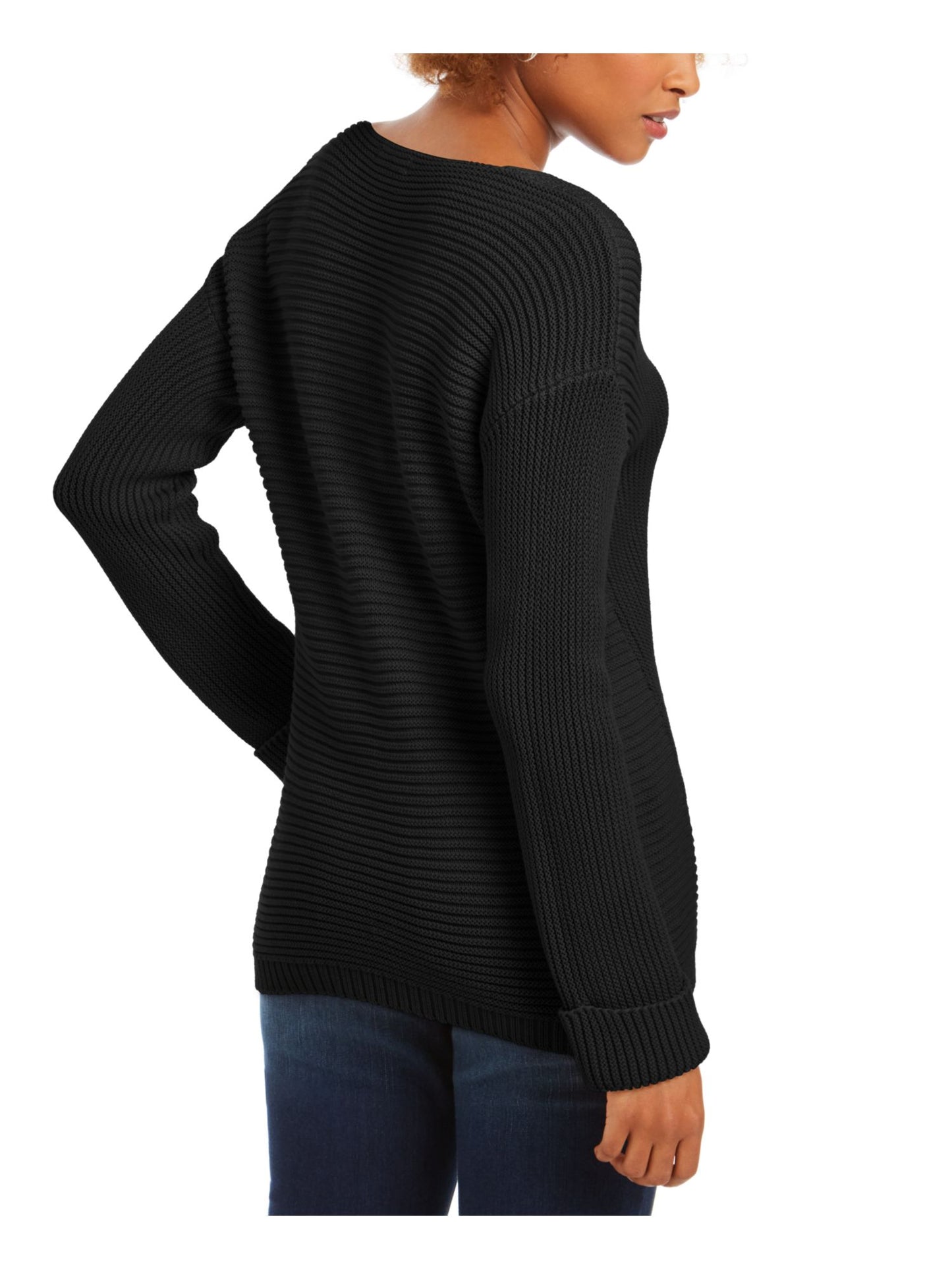 Charter Club Women's Solid Long Sleeve V Neck T-Shirt Top Black Size Petite X-Large