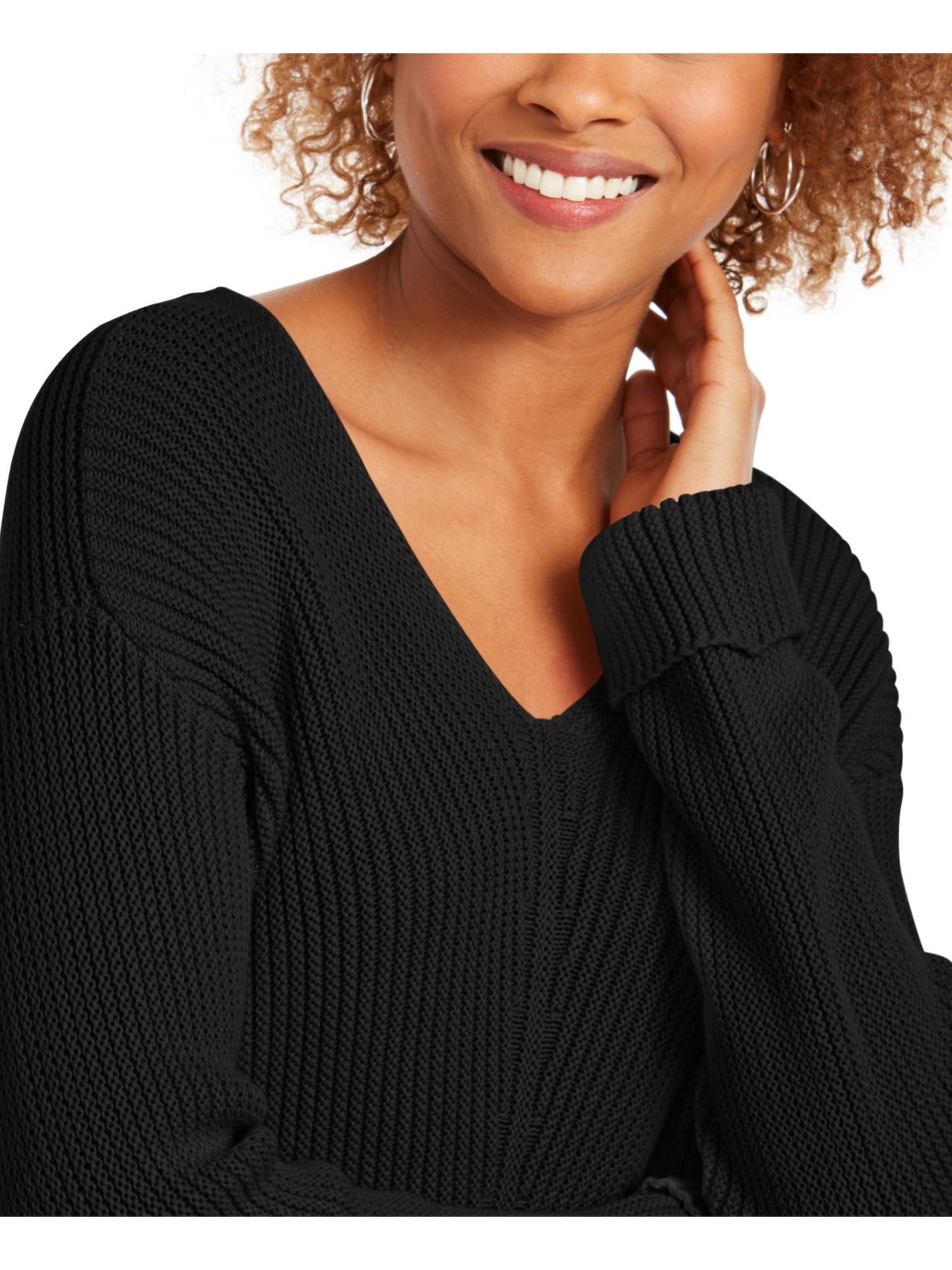 Charter Club Women's Solid Long Sleeve V Neck T-Shirt Top Black Size Petite X-Large